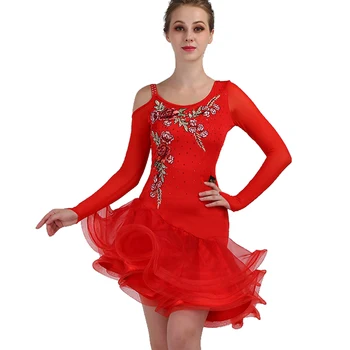 Sexy šaty latinské tanečné oblečenie pre ženy latinskej tanca Výšivky dlhé rukávy šaty dievčatá latinské tanečné šaty Cha-cha tanečné šaty