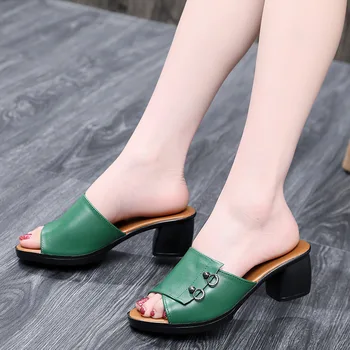 Pu Kožené Zelená Otvorené Prst Topánky Ženy Nosiť Módne Stredné Podpätku 5 cm Hrubé Päty Non Slip Pohodlné Sandále
