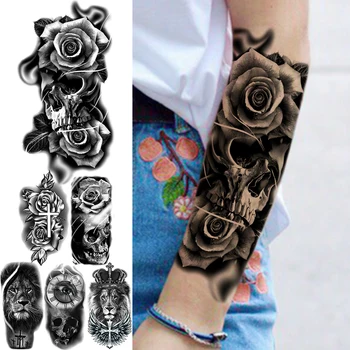 3D Veľký Čierny Lebkový Kvet Dočasné Tetovanie Pre Ženy, Dospelých Kríž Halloween Lev Falošné Tetovanie Nepremokavé Body Art Tatoos Odtlačkový