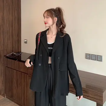 Ženské Ženy Blejzre Vyhovuje Fialová Čierna Módne Jednoduché Outwear Dvojité Breasted Voľné Bežné Kórejský Ulzzang Nové Sady