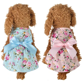 Pohodlné Bavlnené Kvetinové Šaty Pet Princezná Svadobné Šaty na Leto a Jar Cute Pet Dog Oblečenie s Módne Bowknot