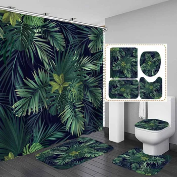 Zelená Tropických Rastlín Listy Vytlačené Opony Pre Kúpeľňa so Sprchou Anti-slip Vaňa Mat Sady Wc Kryt Kuchyňa Koberec