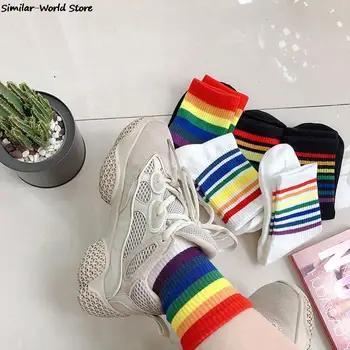 Prekladané Módne Kórejský Streetwear Ženy Rainbow Ponožky Teplé Zábavné Candy Biela Čierna Krátke Zimné Bavlna Šťastný Ponožky
