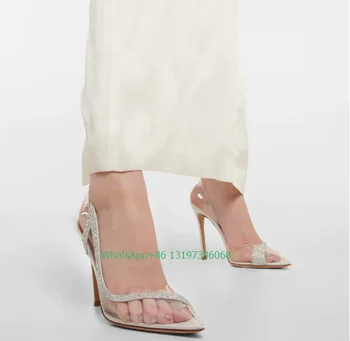 Lady trblietavých kryštálov sexy slingback čerpadlá PVC špicaté prsty stiletto podpätky lete elegantné party šaty, topánky, obuv, veľkosť 46