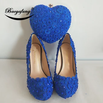 BaoYaFang crystal Kráľovská Modrá Kvetina Srdce tašky a topánky Žena, Svadobné topánky Nevesta platforma topánky s príslušnými tašky žena Čerpadlá