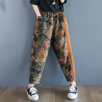 Ležérne džínsy nové 2021 jar a na jeseň retro štýl street oblečenie kvetinový elastický pás voľné denim hárem nohavice ženy