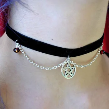 pentagram choker náhrdelník,perličiek golier,čarodejnice choker,wiccan pentagram čaro,kúzlo symbol choker,čipky gotický choker