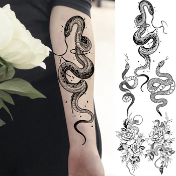 3D Had Dočasné Tetovanie Pre Mužov Dospelých Žien Realistické Ruže Kvet Had Falošné Tetovanie Módne Nepremokavé Polovičný Rukáv Tatoos