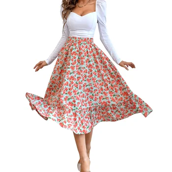 Ženské MidLength Sukne, Kvetinové Vytlačené Vysoký Pás A-Line Elastický Pás Sukne, Bežné Street Style Dna