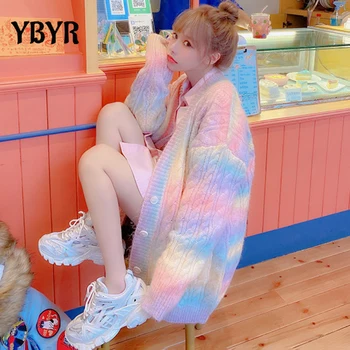YBYR Rainbow Pletený Sveter Ženy Sladké Roztomilý Sveter Kabát na Jeseň zima kórejský Štýl Žena dlho kórejský Voľné Dole Cardigan