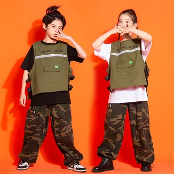 Dieťa Hip Hop Oblečenie Army Zelená Taktická Vesta Kamufláž Streetwear Cargo Neforemné Nohavice pre Dievča, Chlapca, Jazz Tanečných Kostýmov, Šiat