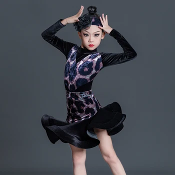 Nový latinský Tanec Kostým Pre Dievčatá, detské Profesionálne Velvet Dlhý Rukáv Sukne Školenia Oblek Rumba latinskej Oblečenie DN13528