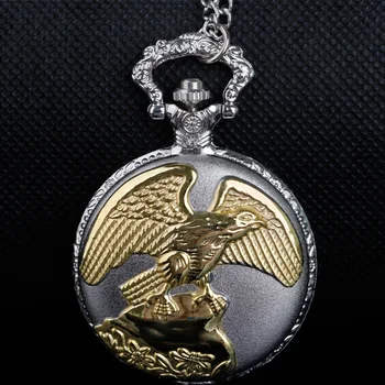 Móda Gold A Silver Eagle Vyrezávané Vreckové Hodinky Quartz Hodiny Muži Ženy Módne Doplnky Náhrdelník