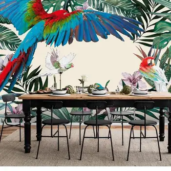 Vlastná veľkosť Juhovýchodnej Ázii osobnosti ručne maľované tapety nástenná maľba tropický dažďový prales, jedáleň, obývacia izba 3d papagáj PVC