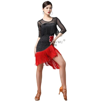 Čierne Ženy Latinské Tanečné Oblečenie Salsa Samba Latinskej Tanca Praxi Kostým Strapec Latinskej Tanca Výšivky Šaty Pol Rukávy Oka