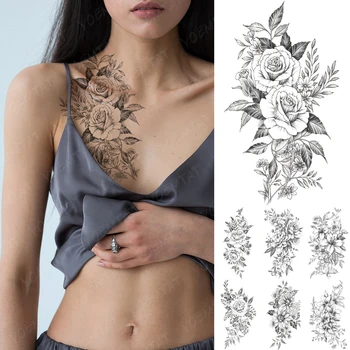 Nepremokavé Dočasné Tetovanie Nálepky Čierna Čiara Ruže, Pivónia, Kvety Listov Slnečnice Flash Tatto Ženy Muži Ramena Body Art Falošné Tetovanie