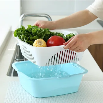 Kuchyňa Double-Layer Umývanie ryžu Scedíme Kôš Námestie Umývanie Zeleniny, ovocia Kôš Kuchyňa Organizátor