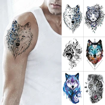 Nepremokavé Dočasné Tetovanie Nálepky, Vlk, Tiger, Lev Flash Tetovanie Kvety Hodiny Body Art Rameno Vody Prenos Falošné Tetovanie Muži Ženy