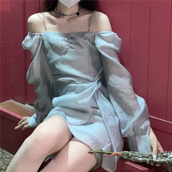 Kórejský Módy Sexy Letné Oblečenie Pre Ženy Bežné Sukne Dlhý Rukáv Satin Mini Šaty Fairycore Estetické, Elegantné Oblečenie