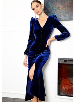 Elegantné tvaru Ramenný Pásik Dlhým rukávom Blue Velvet Midi Šaty Žien 2022 Jeseň Zima Strany Klubu Dámy Formálne Šaty