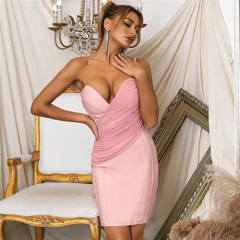 Nové Ramienok Žien Obväz Šaty Ružové Letné Meah Patchwork Tenký Mini Vestidos Sexy Celebrity Večierok Oblečenie