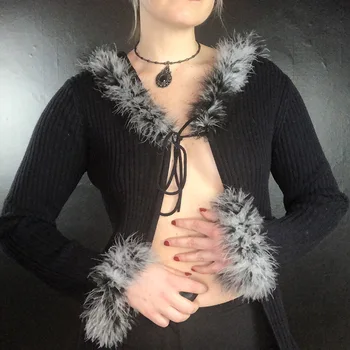jeseň/zima módne kožušiny golier s kapucňou bunda čiernej jamy pásy sexy cardigan krajky-up pletené temperament bežné bunda jacket
