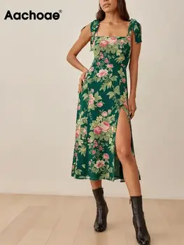 Aachoae Ženy Vintage Kvetinový Vytlačené Midi Šaty Módne Špagety Popruh Bočné Split Šaty Dámske Elegantné Riadok Šaty