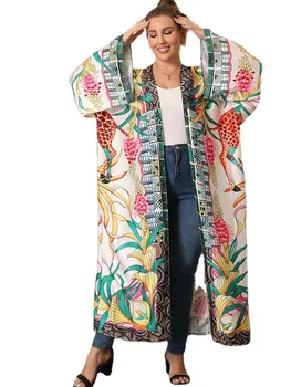 Plus Veľkosť Kimono Šaty Žien Na Plný Rukáv V Krku Voľné Rúcho Jar Jeseň Fashion Tlač Streetwear Nadrozmerná Cardigan Maxi Šaty