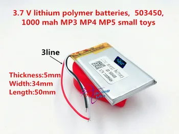 3 riadok 3,7 V,1000mAH,[503450] PLIB; polymer lithium ion / Li-ion batéria pre GPS,mp3,mp4,mp5,dvd,model hračka