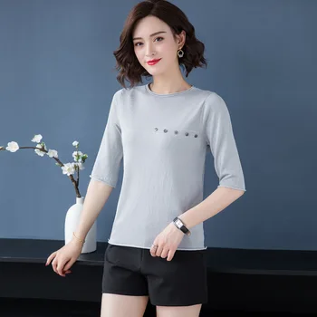 Letné nové kolo krku farbou päť-bod rukáv tlačidlo dekorácie pletené T-shirt ženy šedá