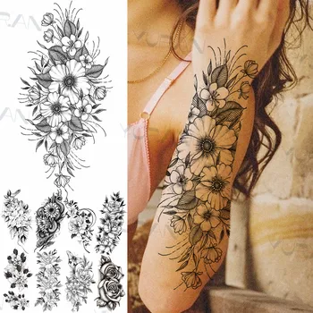 Čierny Kvet Ľalie Dočasné Tetovanie Pre Ženy, Dievčatá Dospelých Falošné Mamba Had Rose Dahlia Tetovanie Nálepky Prenos Tatoos Daffodil