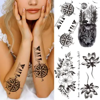Nápisy Kompas Dočasné Tetovanie Pre Ženy, Mužov Dospelých Vlk Les Lotus Falošné Tetovanie 3D Predlaktie Stehna Umývanie Tetovanie Nálepky