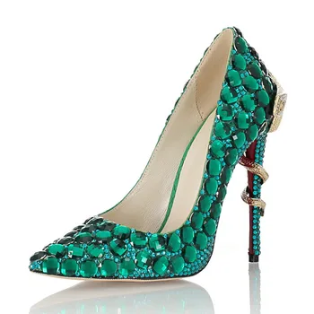 Slnečné Everest Ručné Green Diamond Fashion Vysoké Podpätky Had-tvarované Stiletto Poukázal Sexy dámske Topánky, Svadobné Topánky