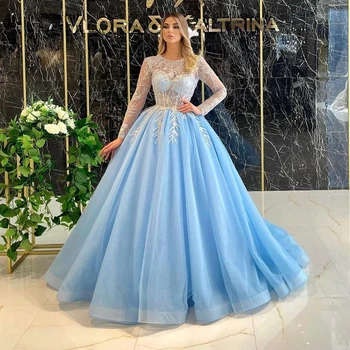 Thinyfull Elegantné Šaty Ples Modrá Nášivka Party Šaty-Line Dlhé Rukávy Princezná Svadobný Večer Koktejlové Šaty Plus Veľkosť