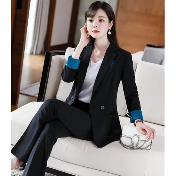 Módne Čierne Blejzre Ženy Oblekoch, Formálne Office Obleky, Pracovné oblečenie Dámske Nohavice a Bunda Sady