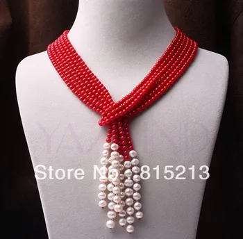 ddh0035 5mm červená coral kolo perličiek 8 mm biela sladkovodné perly 3 individuálne náhrdelník