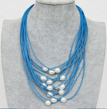 Autentické! 15Strands prírodné Sladkovodné biele perly modrý kožený náhrdelník magnet