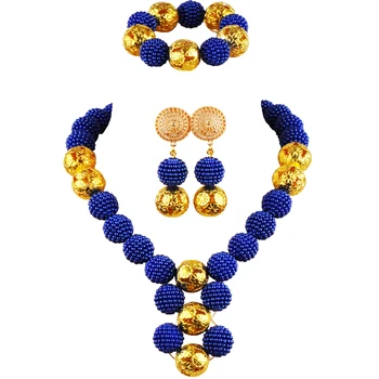 Móda Kráľovská Modrá Simulované Pearl Korálkové Nigérijský Svadobné Afriky Korálky Šperky Set pre Ženy, Dievčatá