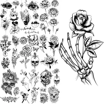 Ceruzka Náčrt Ruže Kvet Kostra Dočasné Tetovanie Pre Ženy, Mužov Realistické Lesa Dýku Lebky Falošné Tetovanie Nálepky Telo Tatoos