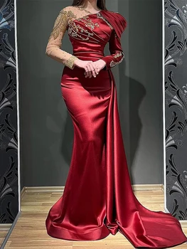 Večerné Šaty Dlhé Luxusné Burgundsko Morská víla arabčina Úplnej Krku s Obrúb Formálne Vestidos De Noche Prom Party Šaty