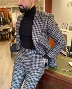 Houndstooth Muži Obleky Formálne Slim Fit Pre Svadobné Tuxedos 2 Kusy (Sako+Nohavice) Večera Dátum Prom Party Zákazku Mužský Kabát