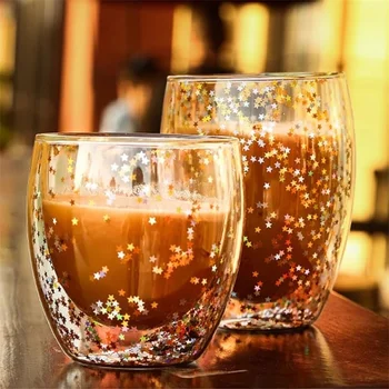 Double-layer Hviezdne Nebo Sklo Pohár Tepelne-odolné Transparentné Kávy Mlieko Izolované Hrnček Anti-Scalding Flitrami Víno Fľaša na Vodu